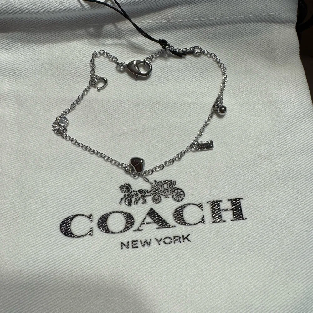 Coach Silver Crystal Heart Charm Bracelet NWT Dainty Chain Logo Tag